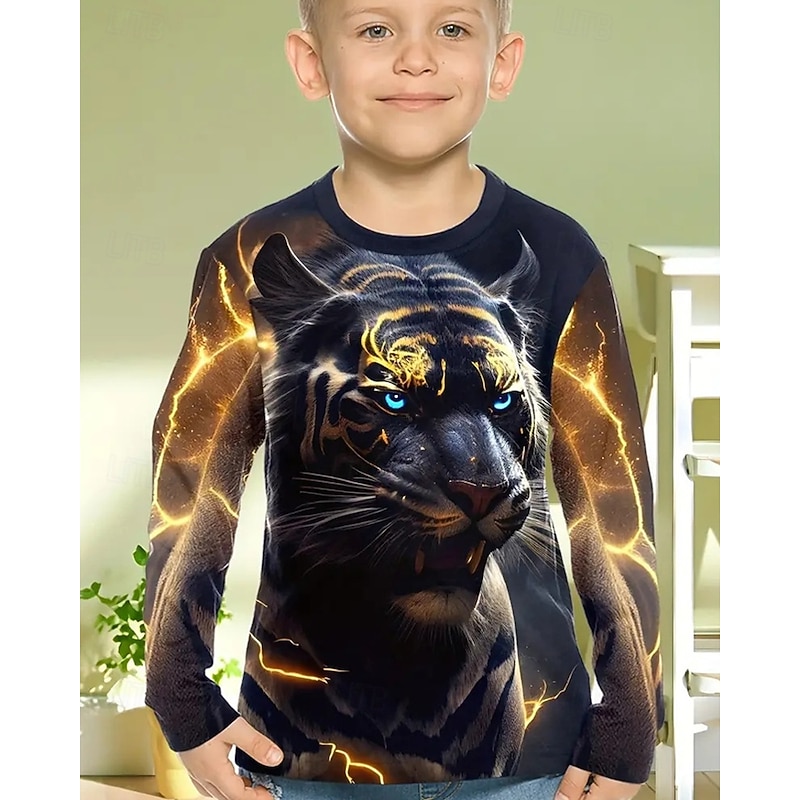 Boys' 3D Graphic Animal Tiger T shirt Tee Long Sleeve Spring Fall Fashion Basic Kids 4-12 Years Crew Neck Outdoor Casual Daily Regular Fit