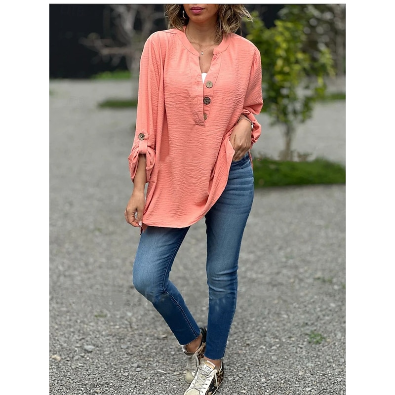 Women's Shirt Blouse Solid Color Basic Casual Long Sleeve Crew Neck Regular Tops Daily Patchwork Buttons Yellow Pink Blue Fall Winter2