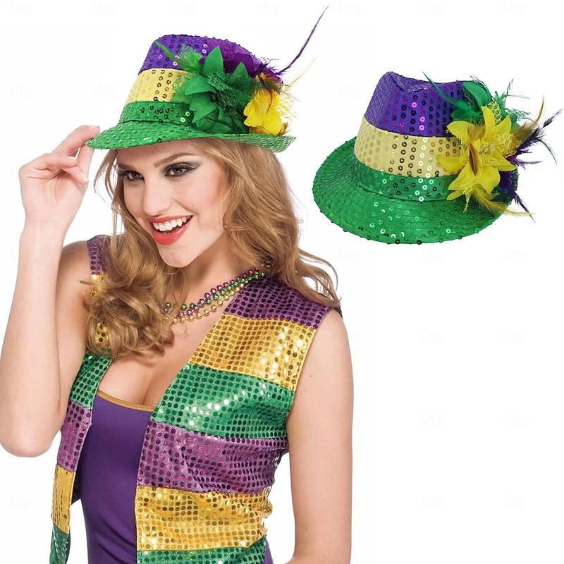 Mardi Gras Hat for Women Glitter Purple Green Yellow Sequin Funny Carnival Parade Party Gift for Sister Mom Bestie