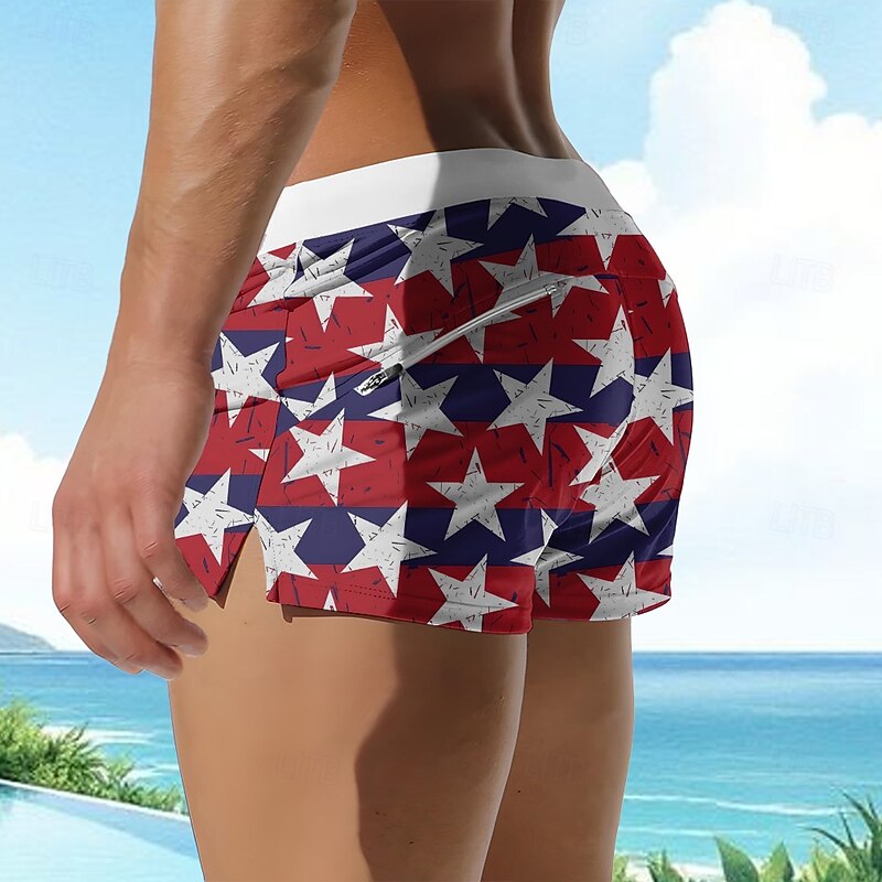 Men's American US Flag Stars Swim Trunks Swim Shorts Board Shorts Mid Waist 3D Print Hawaiian Surfing Holiday Beach Drawstring with Mesh lining Elastic Waist Designer Clothing Apparel2