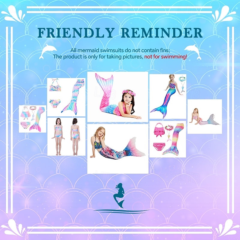 Kids Girls' 3pcs Mermaid Swimwear Swimwear Bikini Vacation Bikini Striped Solid Colored Active Cute Backless Bathing Suits 2-9 Years Summer Light Blue2