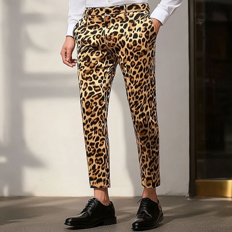 Men's Leopard Print Dress Pants Trousers Mid Waist Casual Vintage Retro Outdoor Vacation Streetwear with Pockets Slim Fit Flat-Front Summer Spring Fall 3D Print Yellow