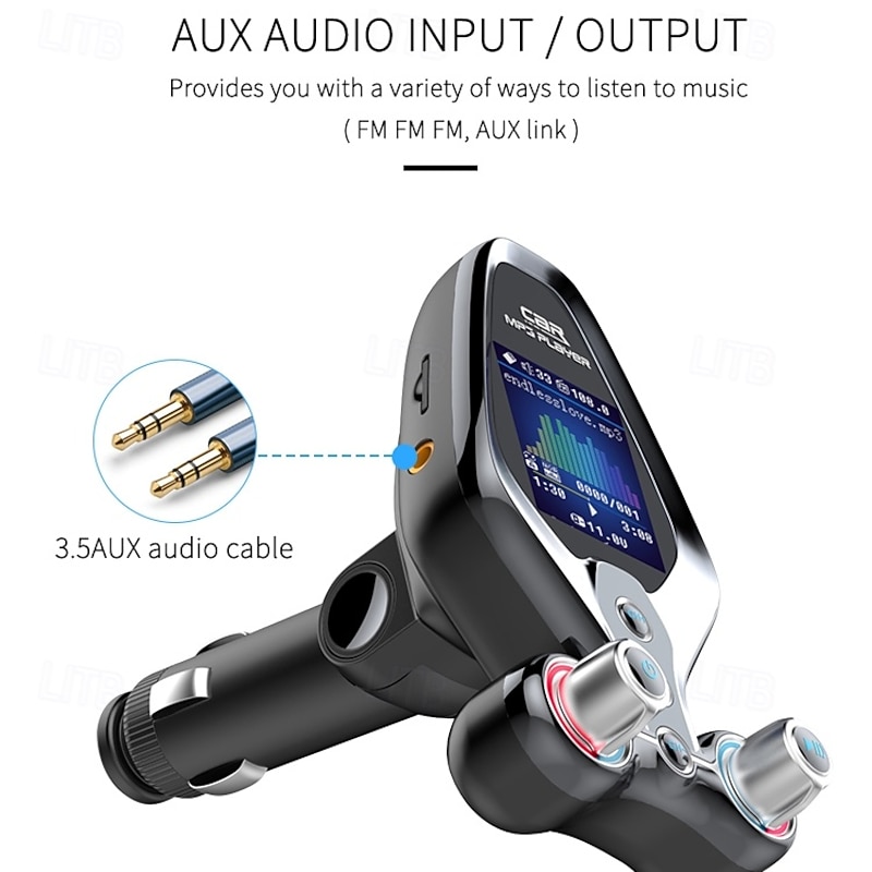 FM Transmitter for Car Wireless Bluetooth 5.0 in-Car Radio Adapter Audio Receiver with 1.44 Inch Color Screen QC 3.0 Dual USB Car Charger AUX Input/Output TF Card Mp3 Player2