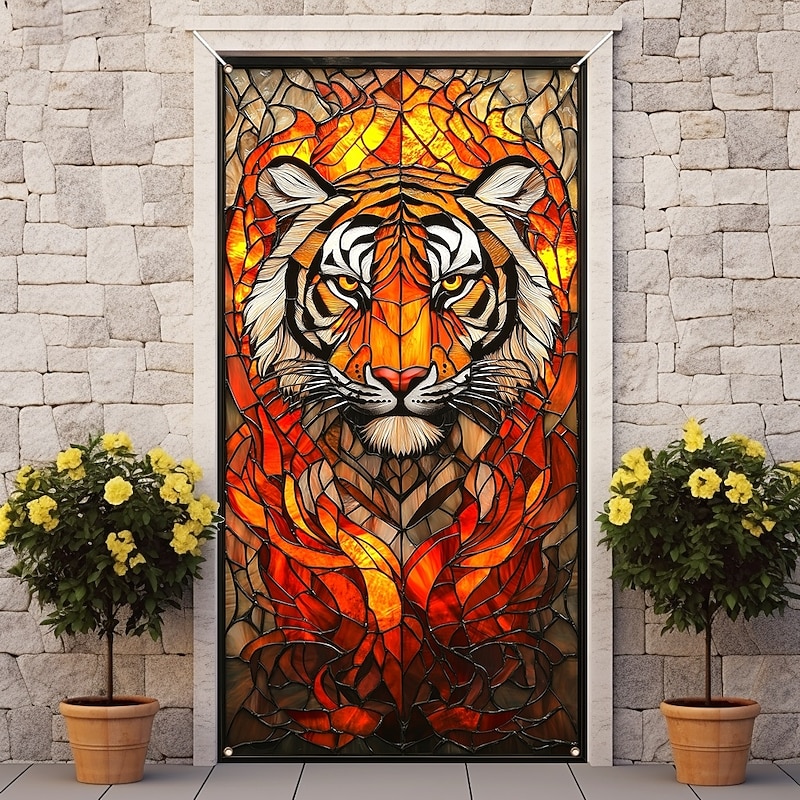 Stained Glass Effect Door Decorations Door Covers Tiger Door Tapestry Door Curtain Decoration Backdrop Indoor/Outdoor Door Banner for Front Door Farmhouse2