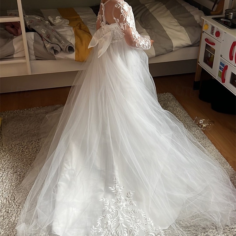 Flower Girl Dress Kid's Girls' Princess Dress Performance Wedding Party Elegant Beautiful Lace Mesh Solid Color Long Sleeve Crew Neck Light Yellow White 4 years+3