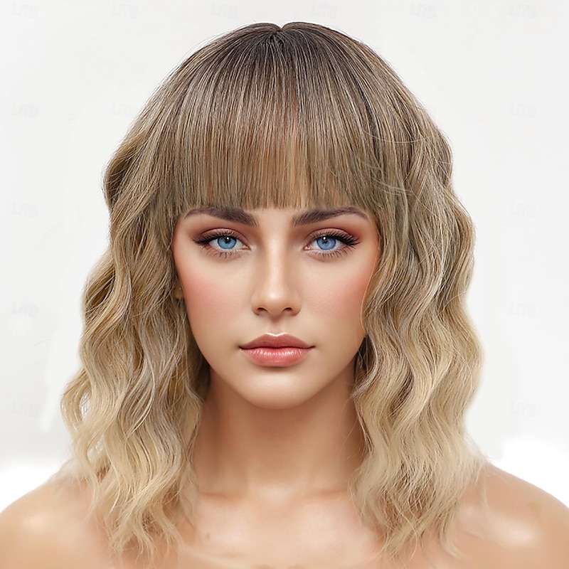 Wig with Bangs Short Wavy for Women  Curly Bob Wig with Dark Roots Shoulder Length Synthetic Heat Resistant Hair Wig for Party Daily Use2