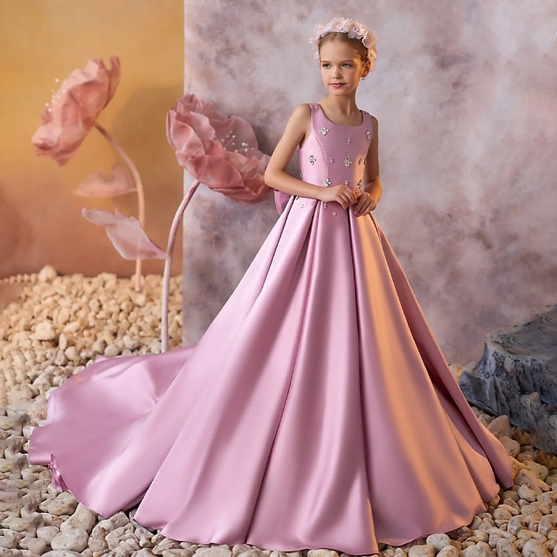 Kids Girls' Flower Girl Dress First Communion Dress Party Dress Solid Color Sleeveless Long Sleeve Performance Wedding Party Mesh Princess Sweet Mesh Mid-Calf Sheath Dress Tulle Dress Summer Spring2