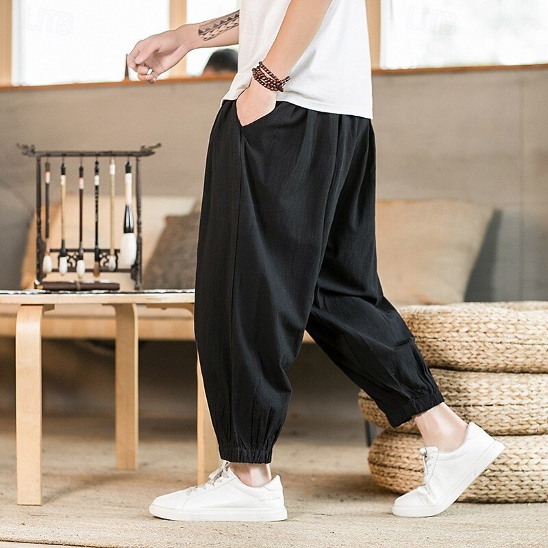 Men's Joggers Linen Pants Trousers Baggy Pants Harem Pants Pocket Drawstring Elastic Waist Plain Comfort Breathable Full Length Home Casual Daily Sports Fashion Black Green4