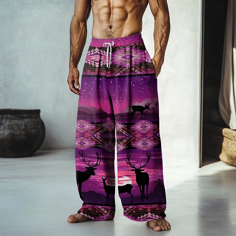 Men's Aztec Ethnic Pants Trousers Mid Waist Drawstring Elastic Waist Hawaiian Casual Outdoor Vacation Holiday Straight Leg Trousers Summer Spring Fall 3D Print Blue Purple Orange3