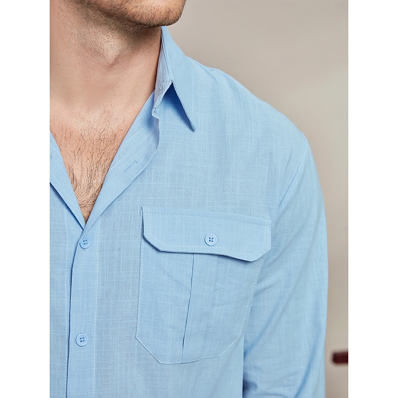 Men's Shirt Cotton Linen Shirt Summer Shirt Button Up Shirt Plain Casual Daily Black White Blue Khaki Long Sleeve Collar Spring & Summer Clothing Apparel Pocket4