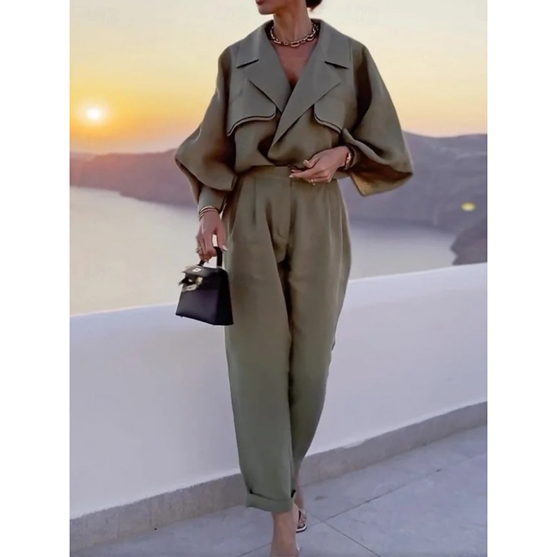 Women's Fashion Streetwear Daily Shirt Wide Leg Pants Long Sleeve Shirt Collar Plain Formal Office Green Fall Regular Fit3