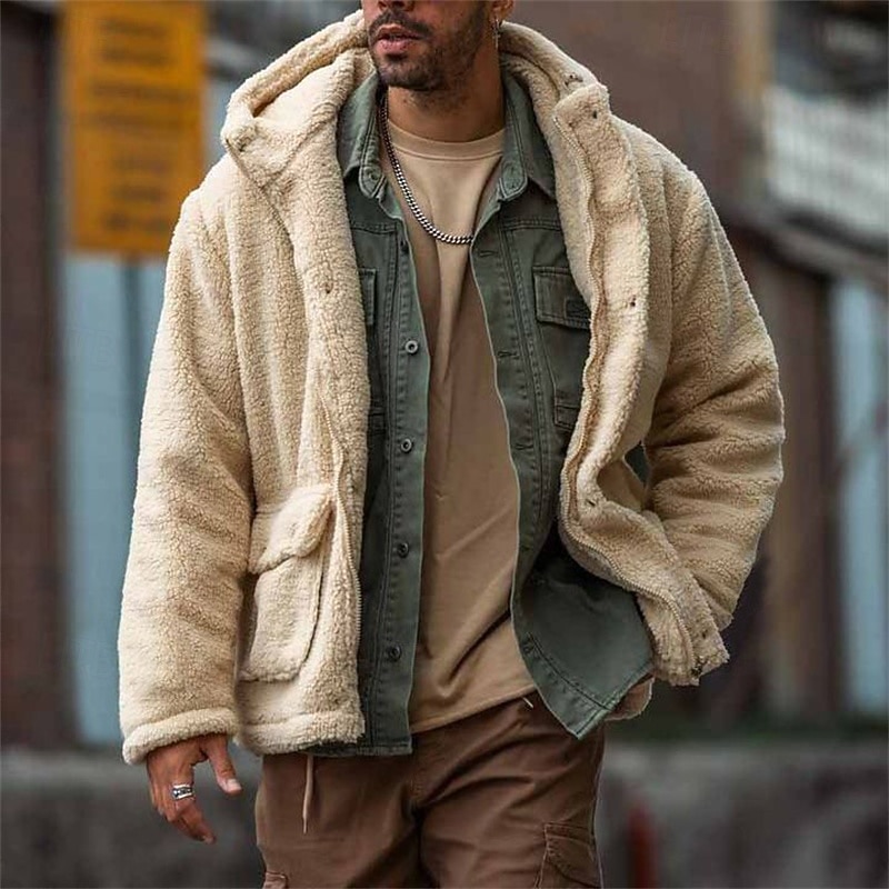 Men's Puffer Jacket Fleece Jacket Teddy Coat Casual Jacket Vacation Daily Thermal Warm Pocket Fleece Fall & Winter Plain Fashion Streetwear Hooded Regular Apricot Black Khaki Jacket