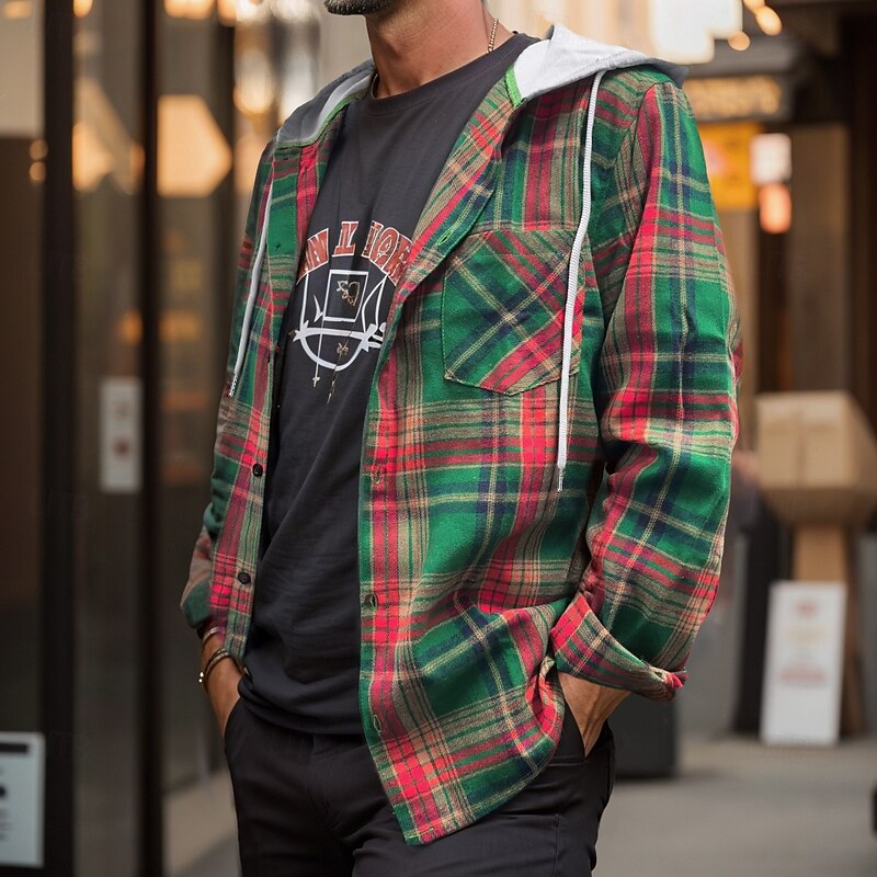 Men's Shirt Flannel Shirt Overshirt Christmas Shirt Plaid Outdoor Street Black Green Coffee Long Sleeve Hooded Winter Spring &  Fall Clothing Apparel4