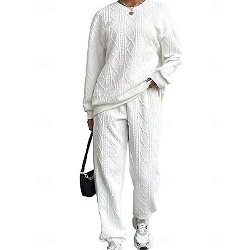 Women's Daily Sweatshirt Trousers Chinos Long Sleeve Round Neck Solid Color Patchwork Outdoor White Pink Rose Red Spring Regular Fit3