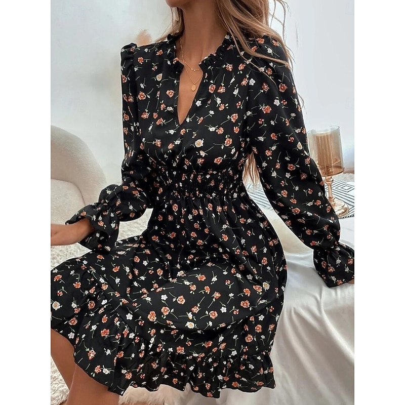 Women's Normal Midi Dress Chiffon Dress Elegant Vintage Daily Date Regular Fit Floral Graphic Long Sleeve V Neck Black Navy Blue Blue Spring Fall