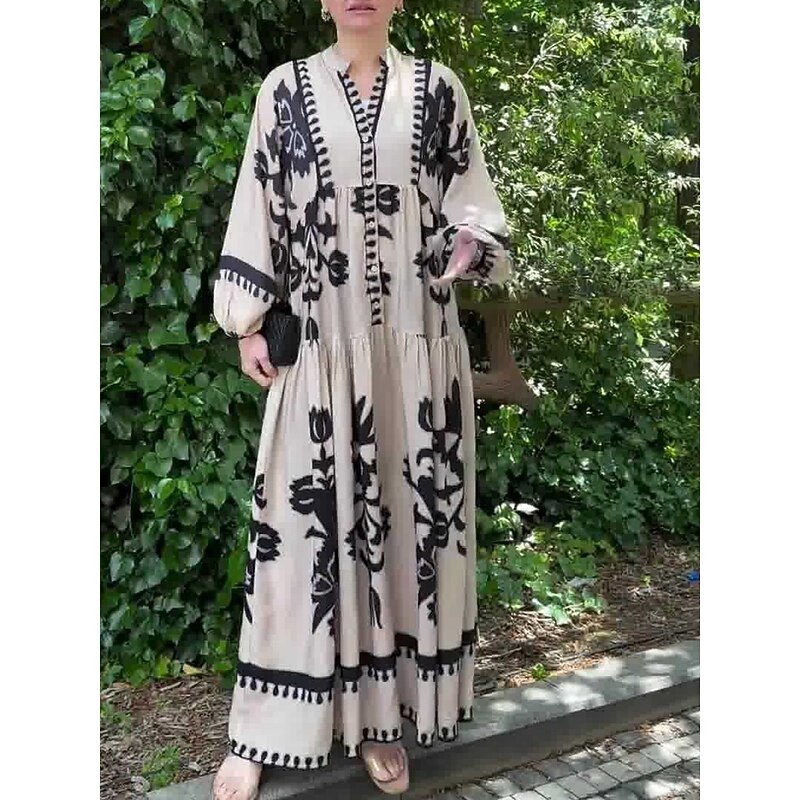 Women's Maxi Dress Casual Dress Swing Dress Boho Dress Vintage Ethnic Casual Vacation Daily Regular Fit Floral Long Sleeve Notched Neck Black White Spring Fall4