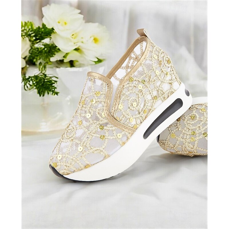 Gold Sequined Mesh Slip-On Sneakers with Air Cushion Sole - Women's Comfortable Wedding or Party Shoes