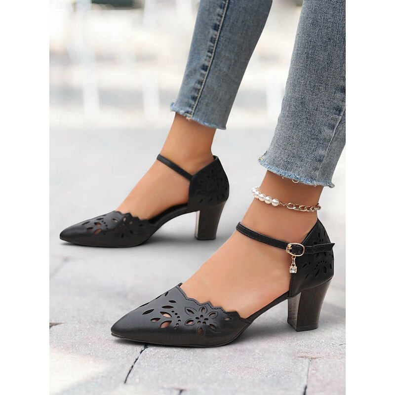 Women's Black Floral Cut-Out Chunky Heel Pumps with Ankle Strap - Elegant Dress Shoes for Work, Weddings and Parties2