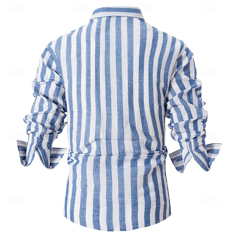 Men's Shirt Linen Shirt Cotton Linen Shirt Summer Shirt Dress Shirt Striped Business Casual Daily Yellow Pink Navy Blue Green Long Sleeve Turndown Spring &  Fall Clothing Apparel Button-Down3