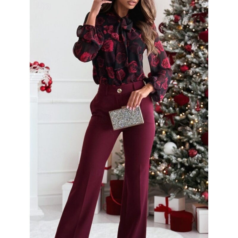 Women's Shirt Blouse Floral Casual Long Sleeve Turtleneck Regular Tops Daily Buttons Print Black Red Gray Spring &  Fall3