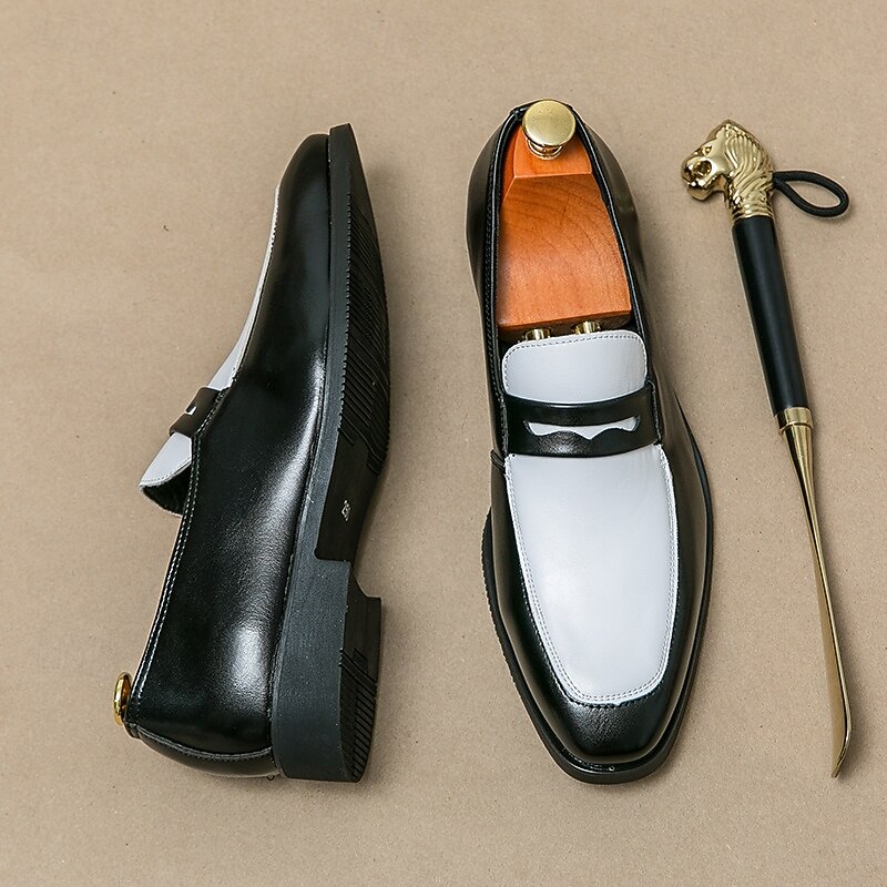 Men's Black and White Faux Leather Loafers with Cut-Out Strap Detail - Elegant Slip-On Shoes for Formal and Business Attire4