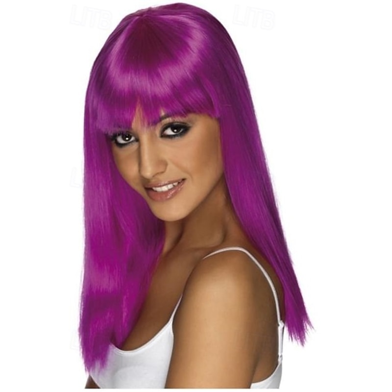 Neon Purple Wig with Fringe for Carnival | Fancy Dress Wigs for Women | Party Costume Accessories | Synthetic Hair