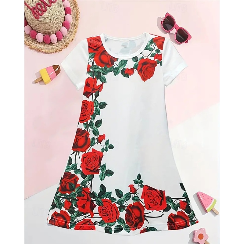 Easter Girls' 3D Floral Graphic Dress Short Sleeve Summer Spring Vacation Daily Holiday Princess Beautiful Sweet Kids 4-12 Years Casual Dress Knee-length Regular Fit2