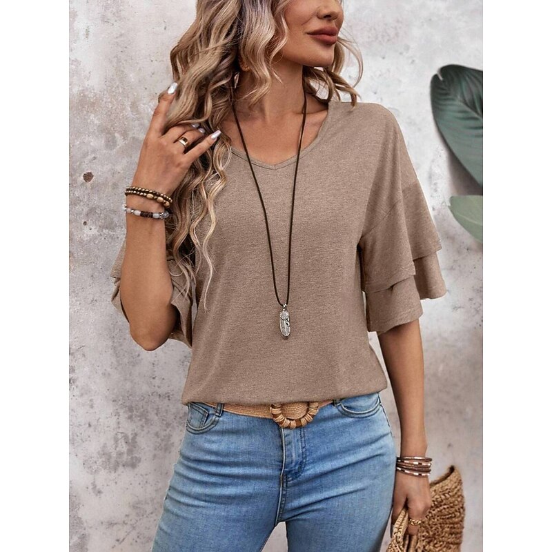 Women's T Shirt Plain Fashion Modern Casual 3/4 Length Sleeve V Neck Regular Tops Daily Weekend Ruffle Pink Navy Blue Khaki Summer Spring3