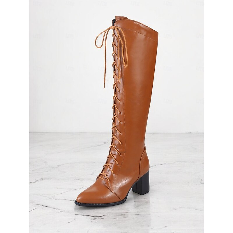 Women's Stylish Brown Faux Leather Lace-Up Boots with Block Heel | Perfect for Fall and Winter3