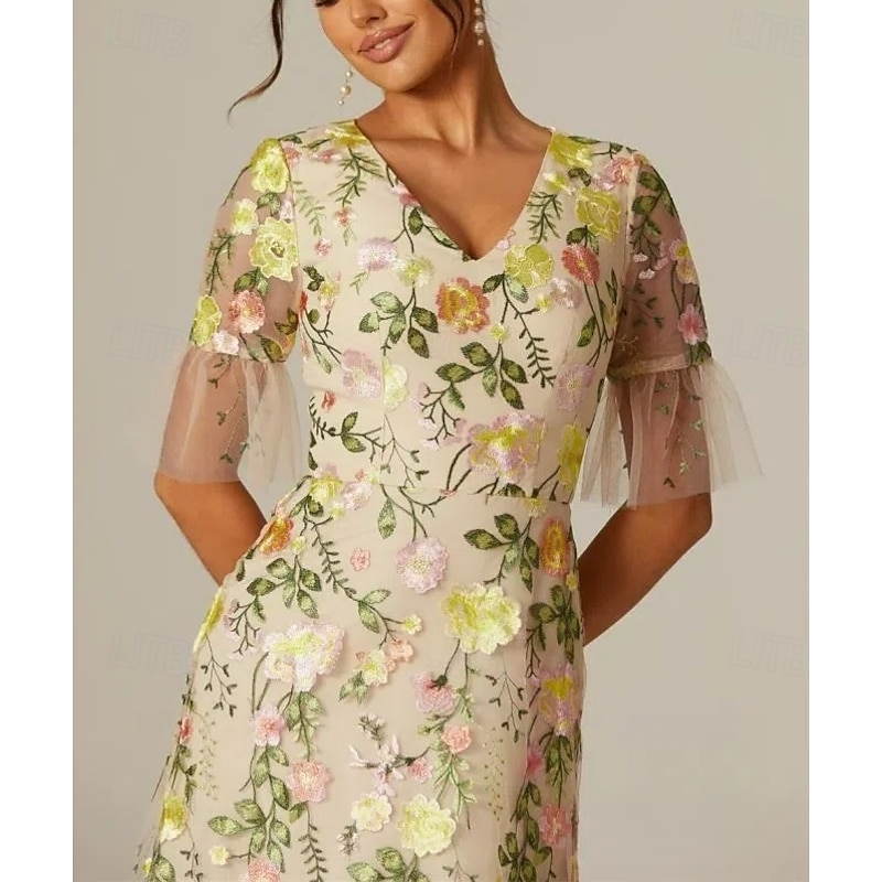Floral Lace A-Line Embroidered Dress Beach Wedding Formal Mother of the Bride Elegant Vintage V Neck Ankle Length Tulle Short Sleeve with Appliques Flower4