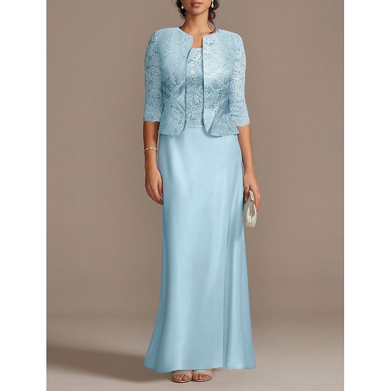Sheath Mother of the Bride Dress Wedding Guest Elegant Scoop Neck Floor Length  3/4 Length Sleeve Short Jacket Dresses with Lace Race Day Dress