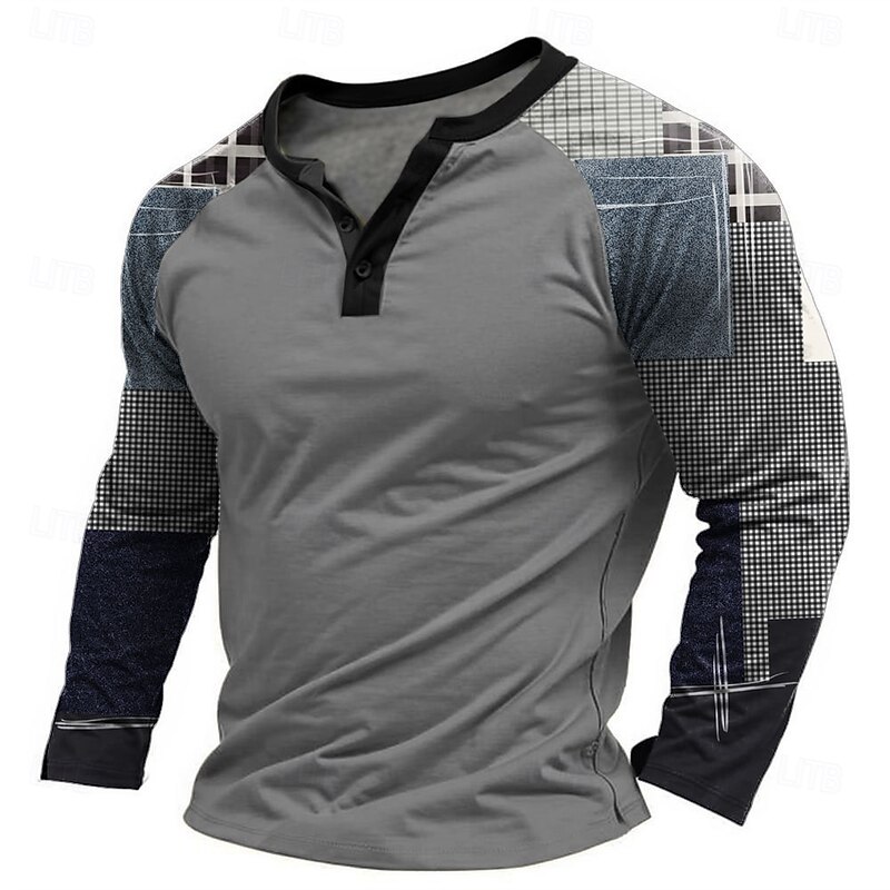 Men's Graphic Patchwork T Shirt Henley Shirt Tee Long Sleeve Designer Basic Classic Outdoor Daily Sports Spring &  Fall Black Light Gray Dark Gray Henley Henley T-Shirt4