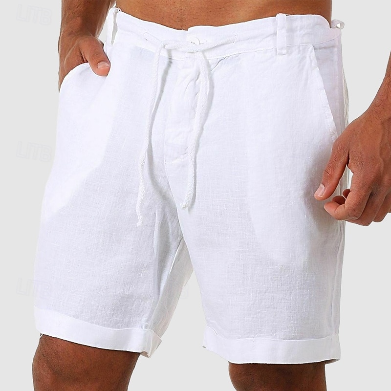 Men's Shorts Linen Shorts Summer Shorts Beach Shorts Buttons Pocket Drawstring Plain Breathable Knee Length Outdoor Daily Going out Fashion Classic Style White Navy Blue