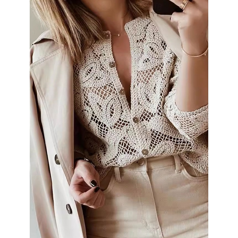 Women's Blouse Solid Color Basic Casual Long Sleeve Crew Neck Regular Tops Daily Hollow Out Buttons Khaki Fall Winter4