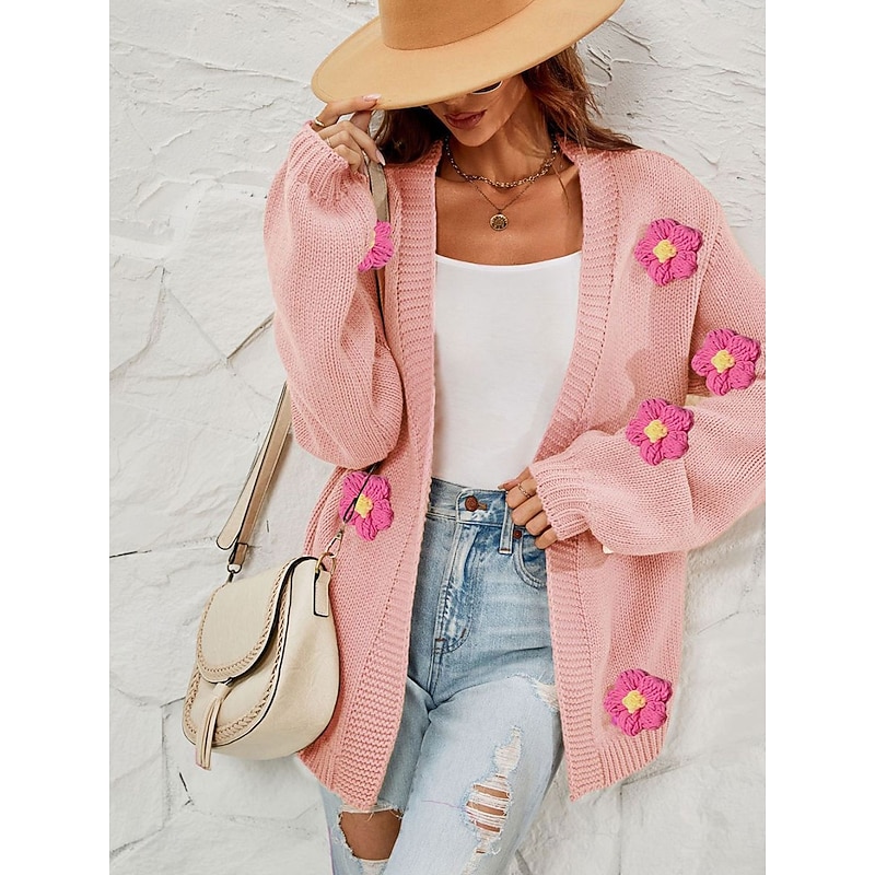 Women's Valentine Pink Sweater Cardigan Elegant Off Shoulder Knitted Petal Sleeve Long Sleeve Regular Tops Knit Outdoor Daily Weekend Fashion Streetwear Black White Fall Winter2