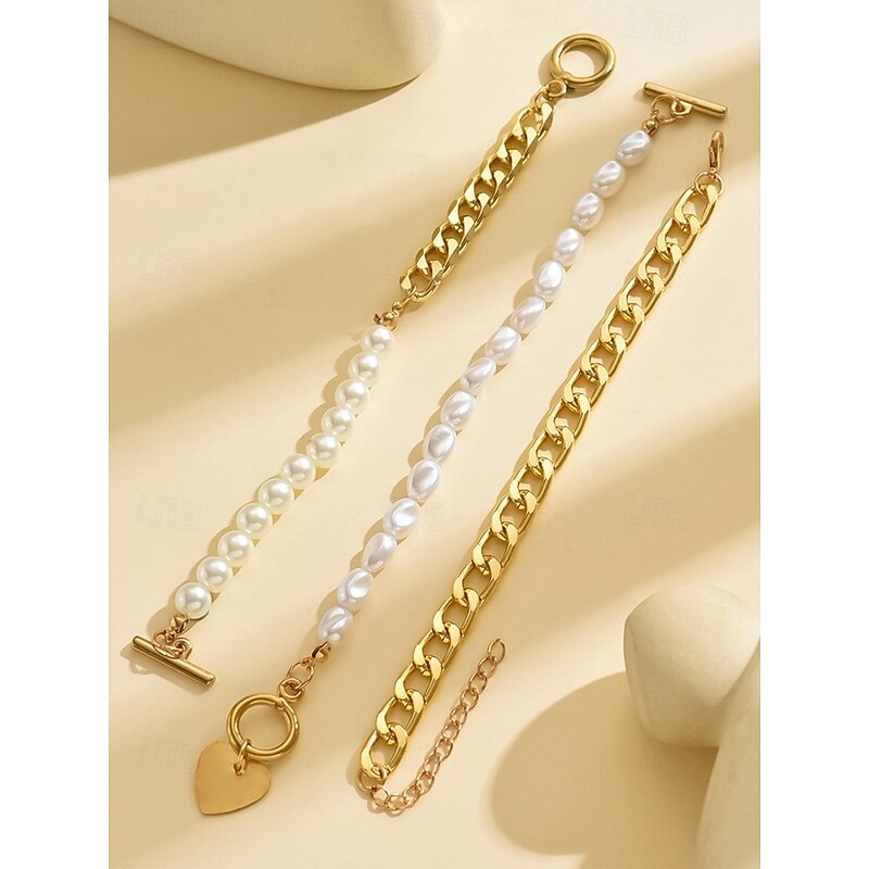 Gold Chain Bracelet Set with Heart Pendant and Faux Pearl Accents – Elegant Jewelry for Women, Perfect for Parties, Weddings, and Everyday Wear4