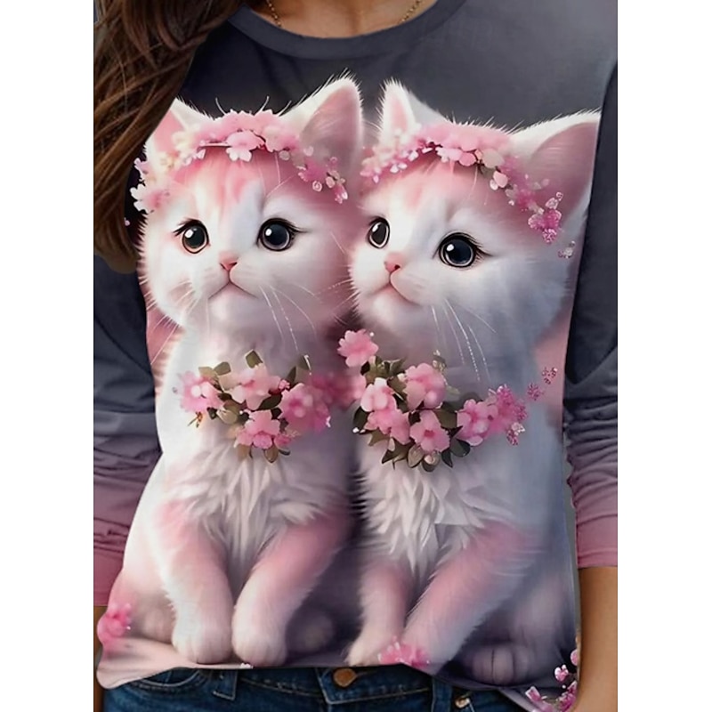 Valentine Women's Funny T Shirt Casual Floral Cat Regular Tops  Print Regular Fit Daily Pink Spring Fall3