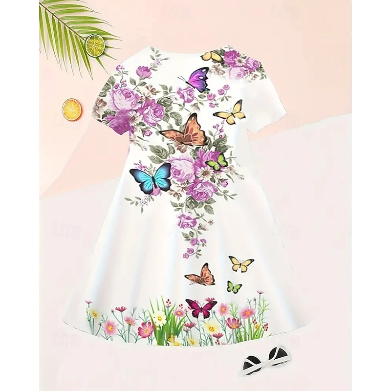 Easter Girls' 3D Graphic Butterfly Flower Dress Short Sleeve Summer Spring Vacation Daily Holiday Princess Beautiful Sweet Kids 4-12 Years Casual Dress A Line Dress Knee-length Regular Fit3