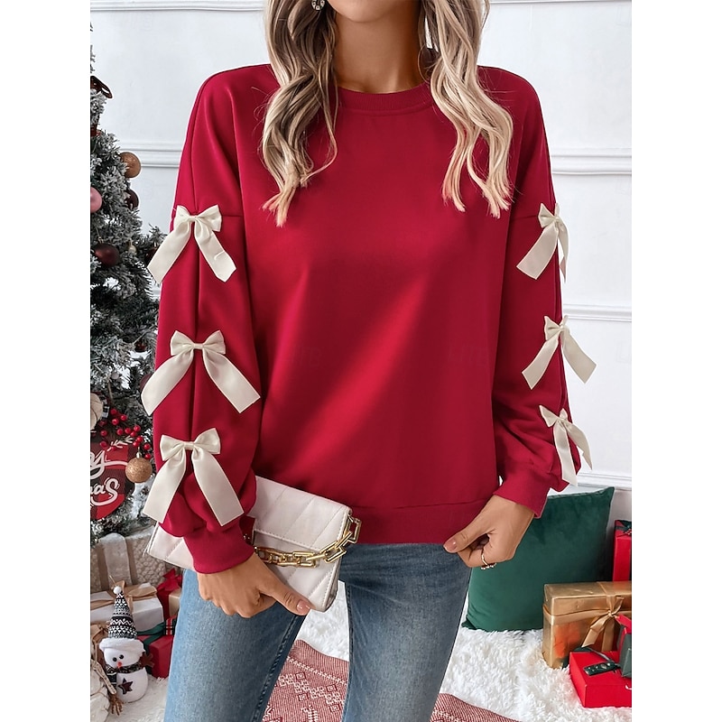 Women's Sweatshirt Casual Plain Street Dailywear Crew Neck Patchwork Long Sleeve Red Fall Winter