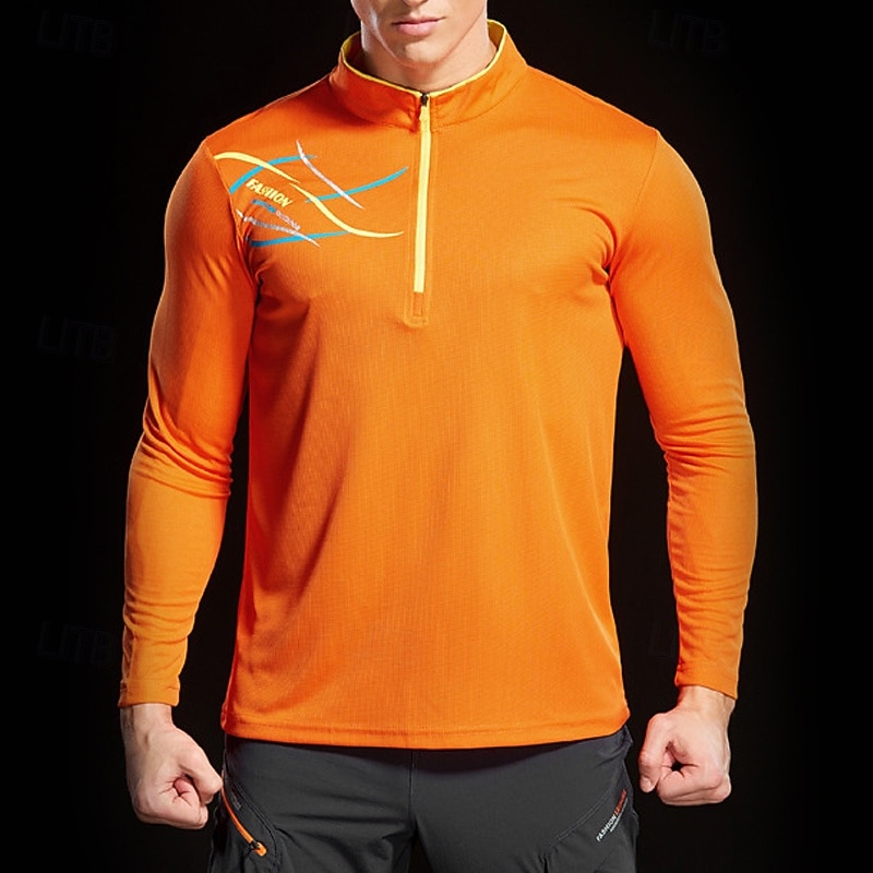 Men's T shirt Hiking Tee shirt Long Sleeve Quarter Zip Tee Tshirt Muscle T-Shirt Bodybuilding Stretch Tee Outdoor Quick Dry Workout Soft Sweat wicking Polyester Red Blue Orange Gym Climbing Camping4