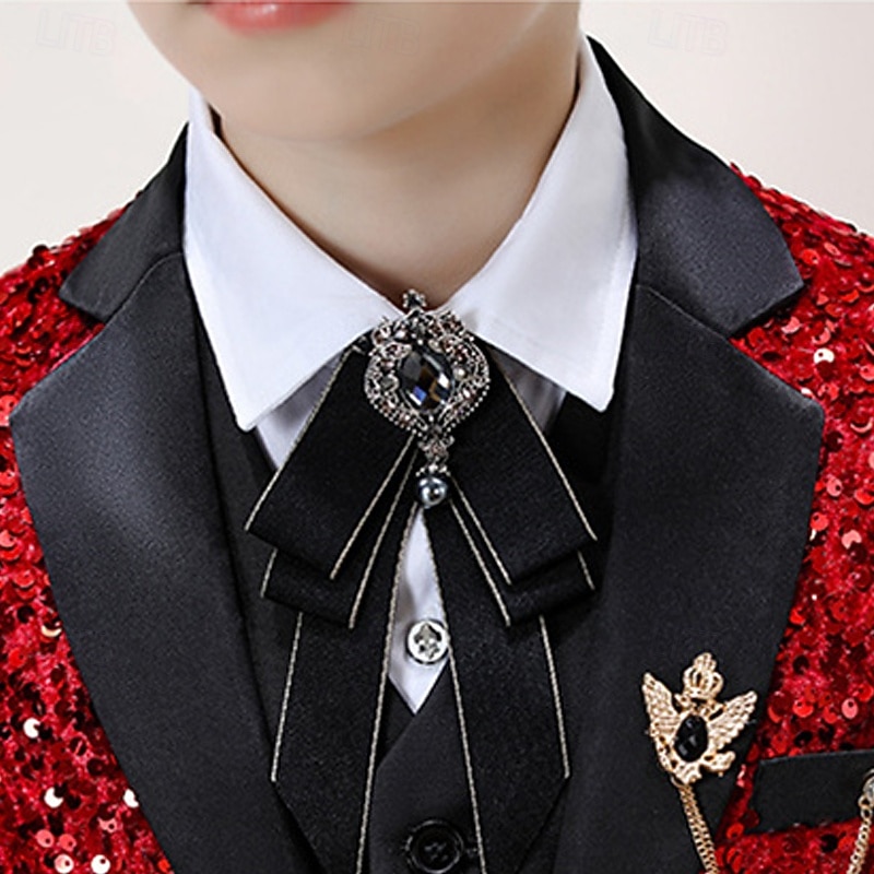 4 Pieces Ring Bearer Suit Boys Kids Suit Formal Suit Blazer & Pants & Shirts & Tie Formal Party Valentines Fashion Cool Solid Color Pocket Wine Polyester2