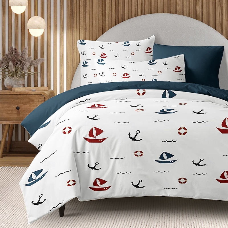 Anchor Duvet Cover Set, Nautical Theme Bedding, Soft Microfiber, Includes Duvet Cover & Pillowcases, Fade-Resistant, Zipper Closure, Machine Washable, Available in Queen, King, and Twin Size