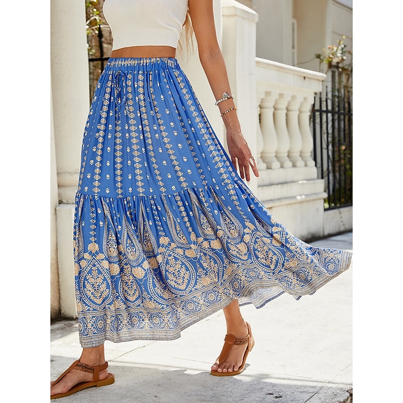 Women's Swing Bohemia Fashion Casual Maxi High Waist Skirts Graphic Print Micro-elastic Street Daily Red Blue Green Summer Rayon4