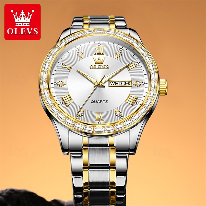 Olevs Brand Steel Band Men'S Business Watch Luminous Double Calendar Simple Quartz Watch Waterproof Sports Fashion Men'S Wristwatch Rhinestone4