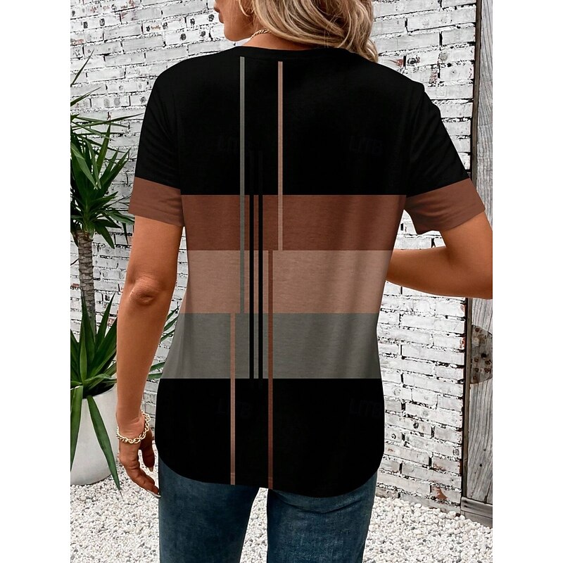 Women's T Shirt Striped Casual Short Sleeve Round Neck Regular Tops Daily Print Black Summer2