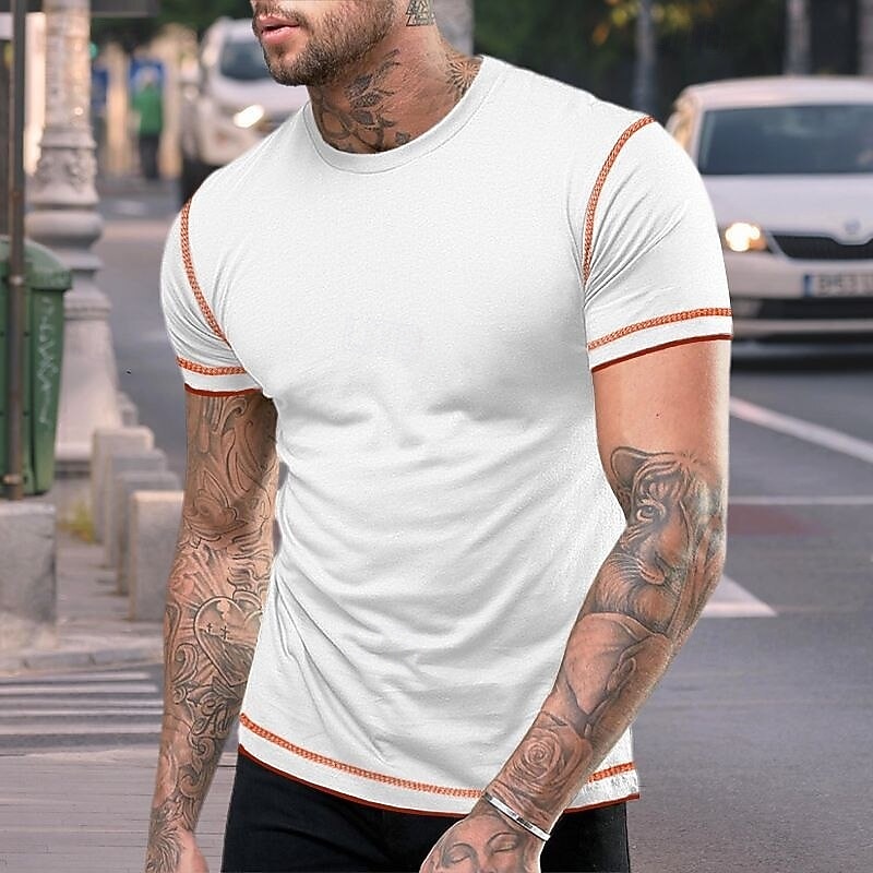 Men's Tee Top Short Sleeve Crew Neck Summer Spring Color Block Fashion Designer Sporty Outdoor Casual Activewear Light Blue Black White Top Tee for Men