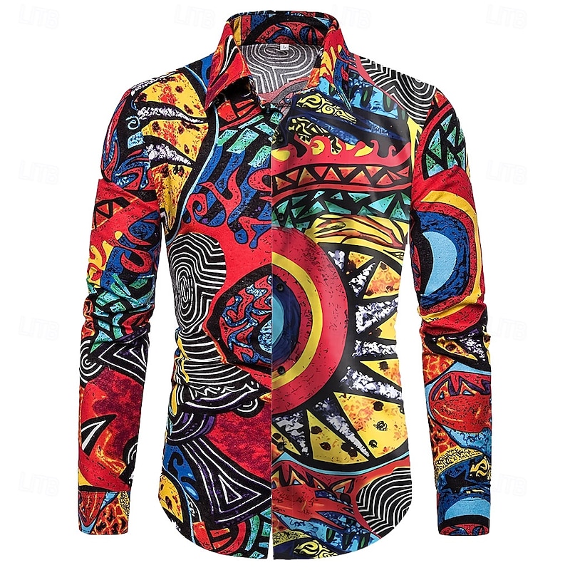 Men's Floral Vintage Colorful Shirt Summer Hawaiian Shirt Aloha Shirt Long Sleeve Shirt Turndown Vintage Designer Ethnic Style Vacation Party Going out Black Wine Red S M L