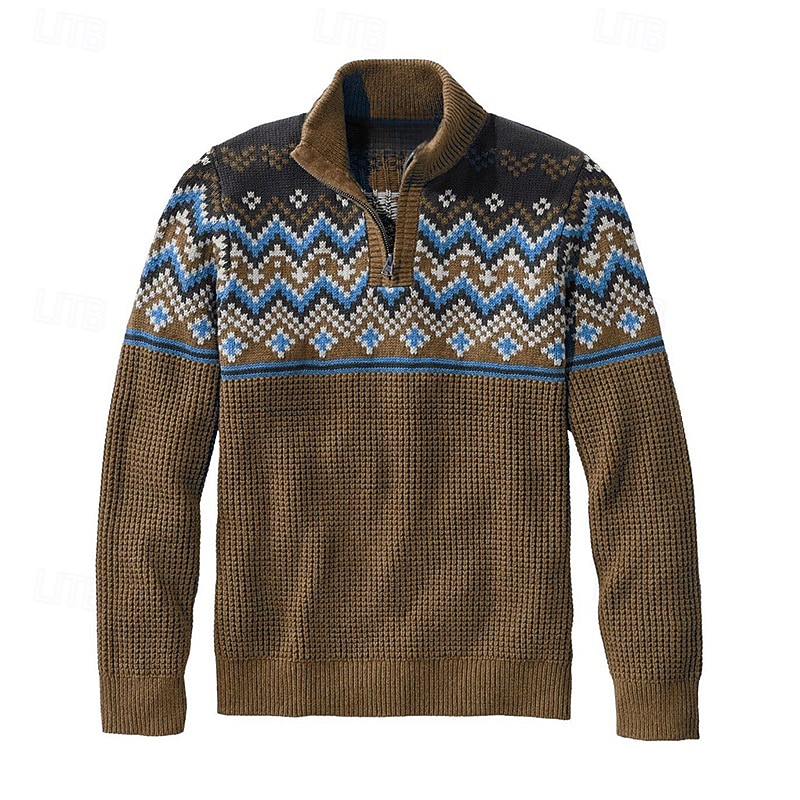 Men's Pullover Sweater Jumper Knit Sweater Quarter Zip Pullover Sweater Ribbed Waffle Knit Regular Tops Knitted Argyle Quarter Zip Fashion Basic Vacation Daily Wear Clothing Apparel Fall & Winter