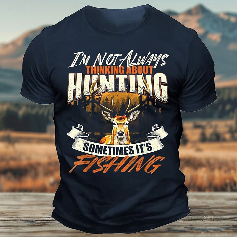 Men's Funny Fishing Hunting T Shirt Tee Top 100% Cotton Short Sleeve Graphic Shirt Black Army Green Dark Blue Comfortable Tee Street Sports Outdoor Fashion Designer Clothing