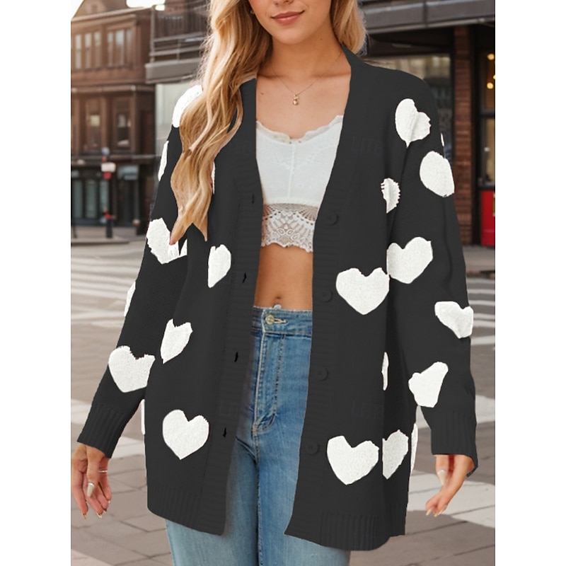Women's Valentine Pink Sweater Cardigan Casual Soft Heart Ribbed V Neck Buttons Knitted Long Sleeve Regular Tops Knit Outdoor Daily Weekend Black White Fall Winter3